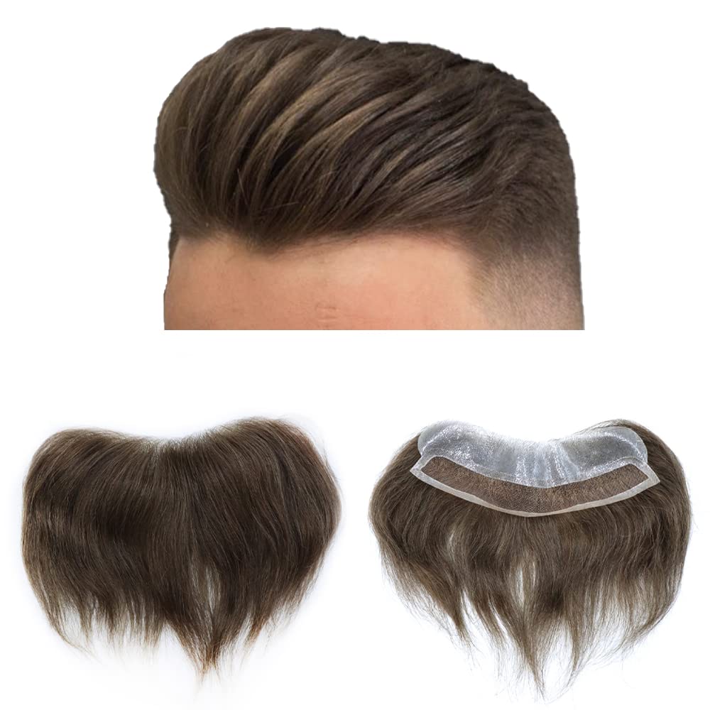 French Lace Front Mens Frontal Hairpiece for Receding Natural Hairline V-Shape Lace Poly PU Forehead Human Hair Replacement System Toupee for Men (4Cmx18Cm, #1 Jet Black)