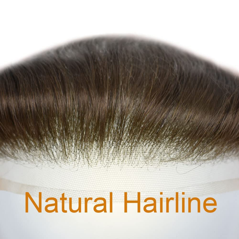 French Lace Front Mens Frontal Hairpiece for Receding Natural Hairline V-Shape Lace Poly PU Forehead Human Hair Replacement System Toupee for Men (4Cmx18Cm, #1 Jet Black)