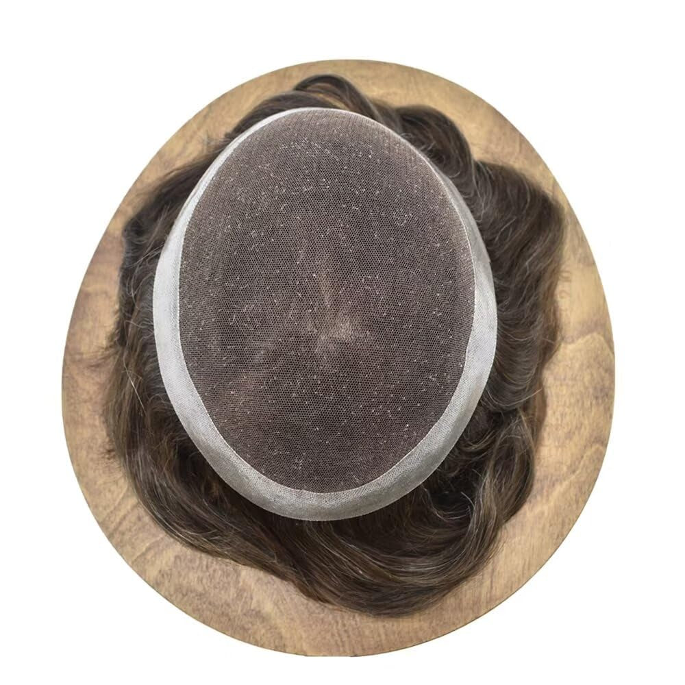 Mens Toupee Human Hair Piece French Lace+Pu Toupee for Men Hair System V-Looped PU Front Men Hair Replacement System Human Hair Unit for Men 6X9"-100% Density#3 Dark Brown