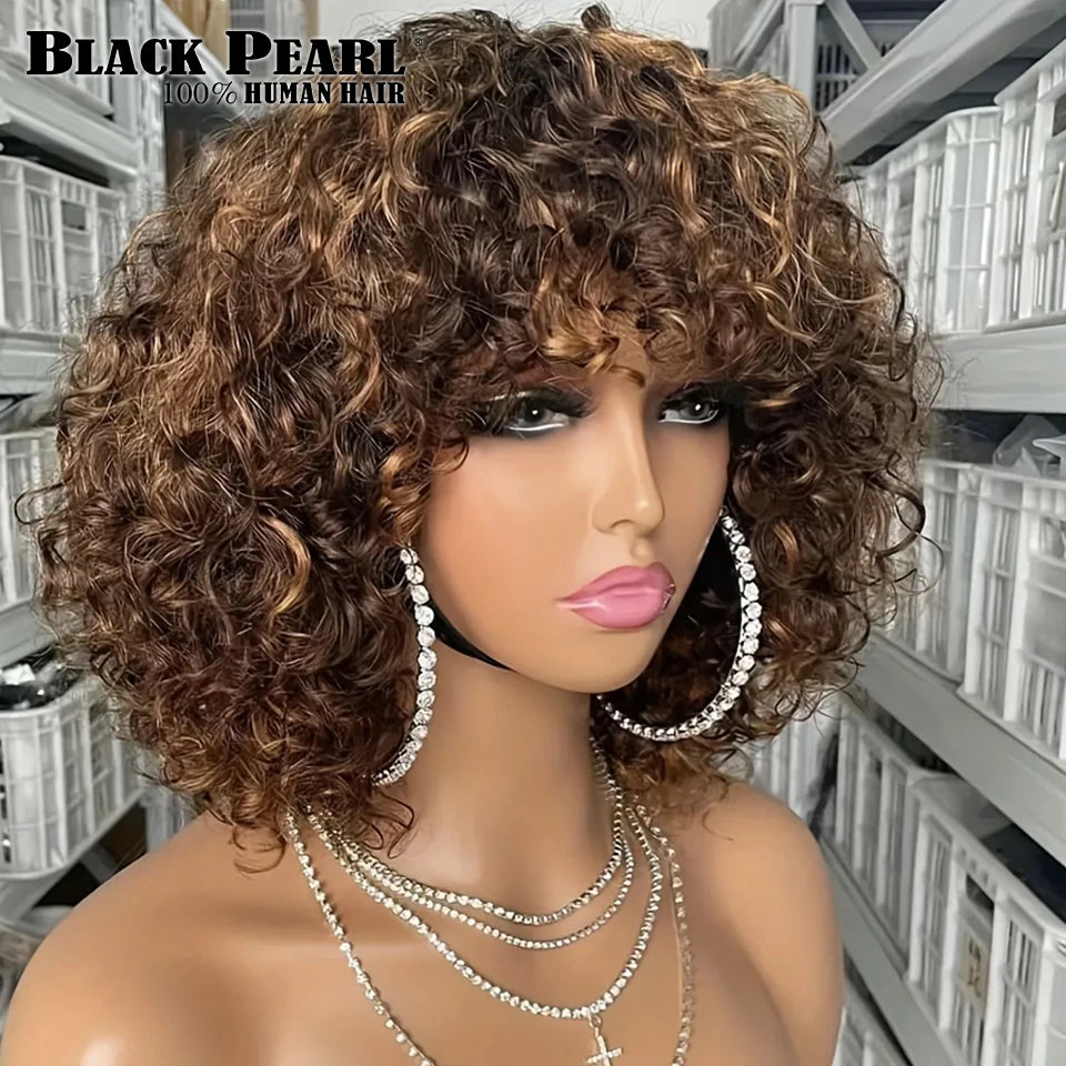 Glueless Human Hair Wigs with Bangs Highlight Honey Brown Curly Short Bob Wig with Bangs Jerry Curly Bob Wigs for Women