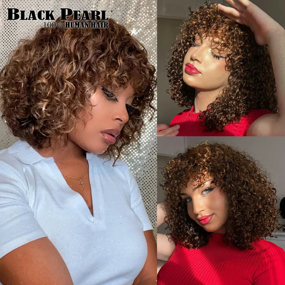Glueless Human Hair Wigs with Bangs Highlight Honey Brown Curly Short Bob Wig with Bangs Jerry Curly Bob Wigs for Women