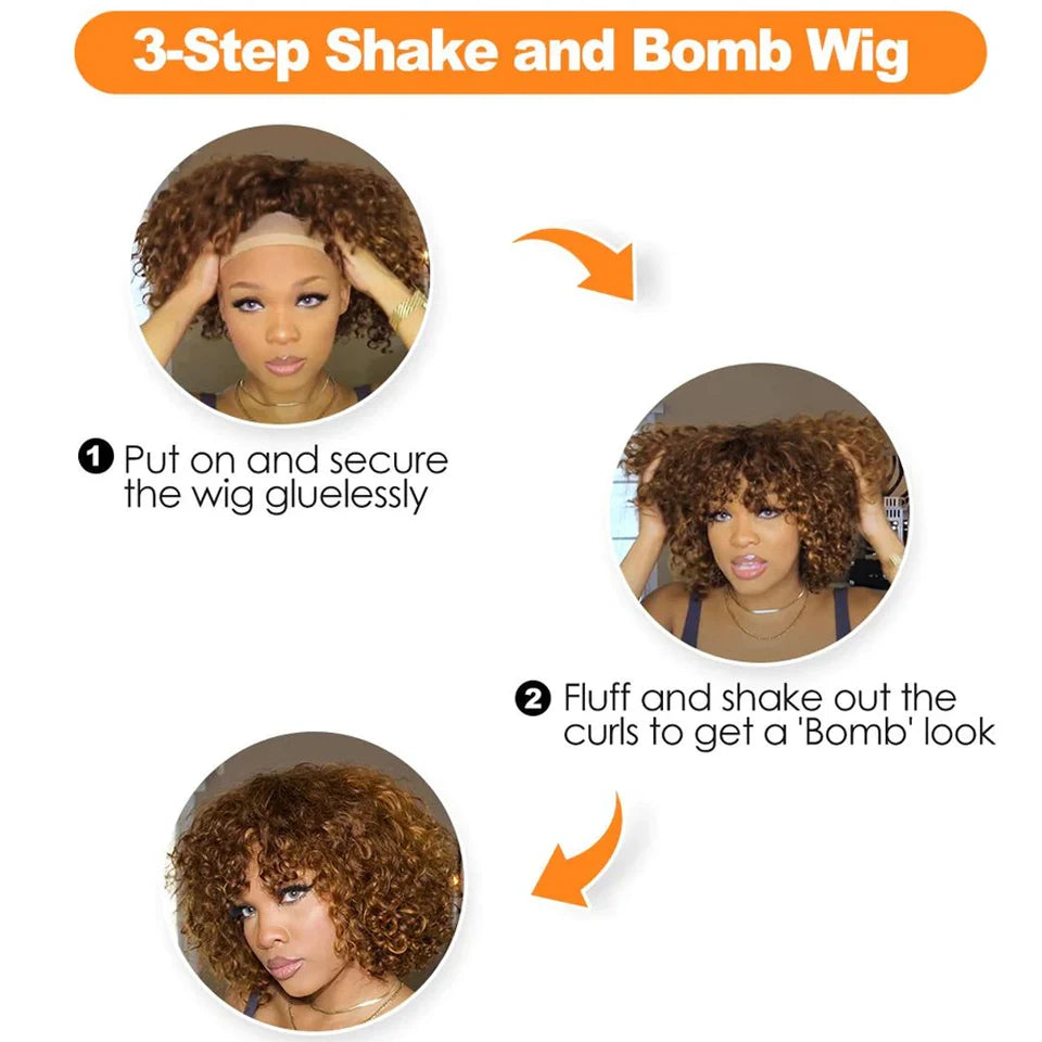 Glueless Human Hair Wigs with Bangs Highlight Honey Brown Curly Short Bob Wig with Bangs Jerry Curly Bob Wigs for Women