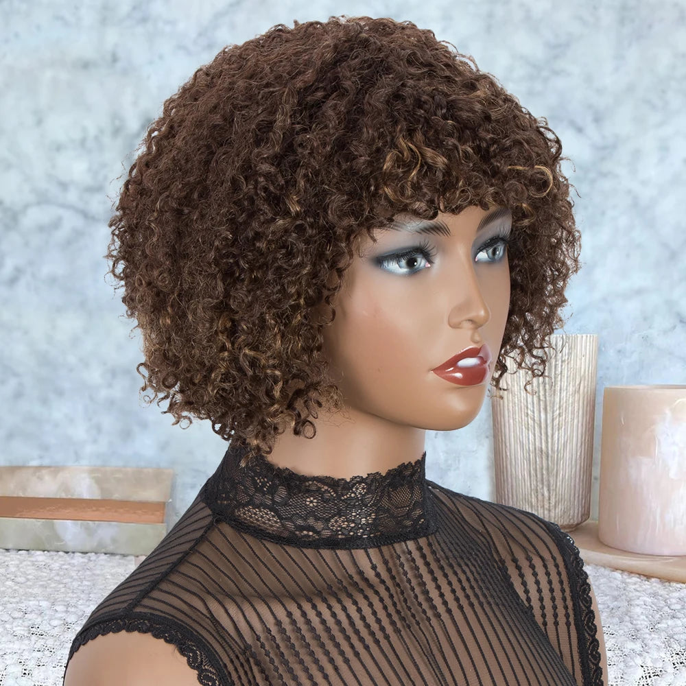 Glueless Human Hair Wigs with Bangs Highlight Honey Brown Curly Short Bob Wig with Bangs Jerry Curly Bob Wigs for Women