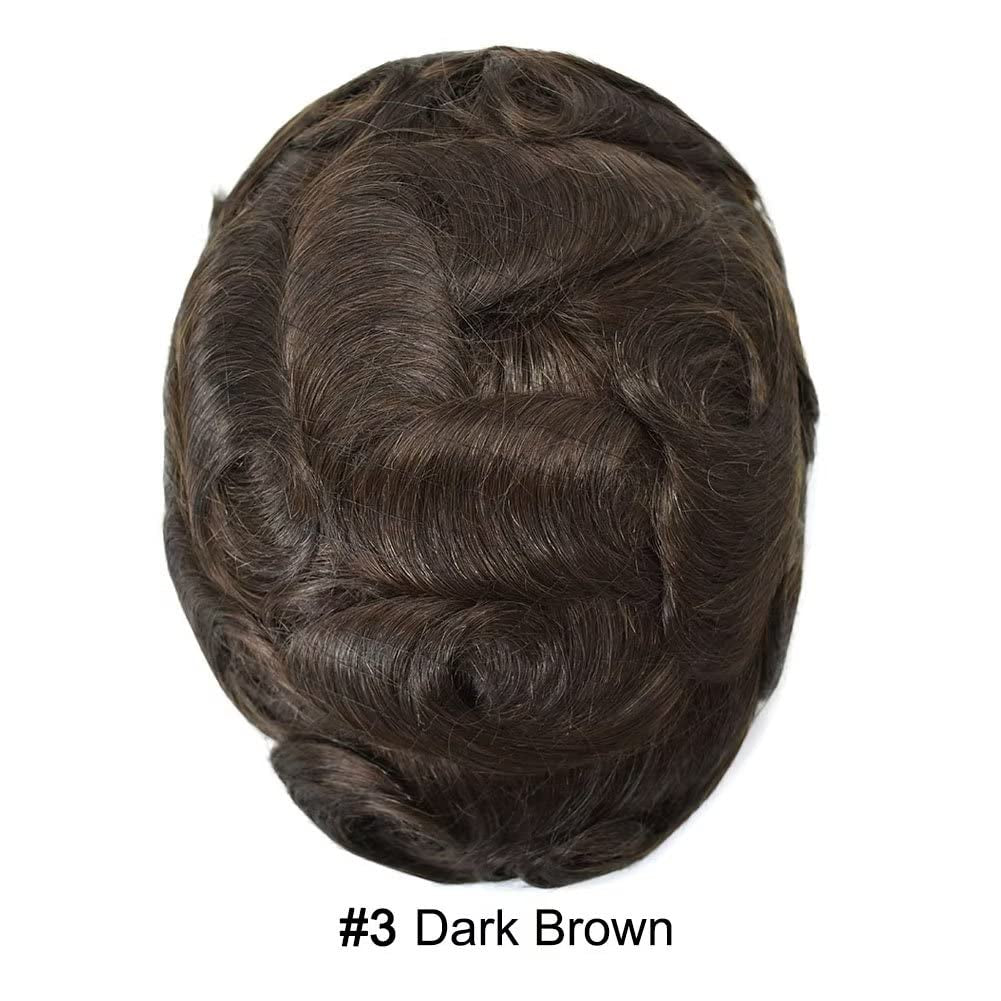 Mens Toupee Human Hair Piece French Lace+Pu Toupee for Men Hair System V-Looped PU Front Men Hair Replacement System Human Hair Unit for Men 6X9"-100% Density#3 Dark Brown