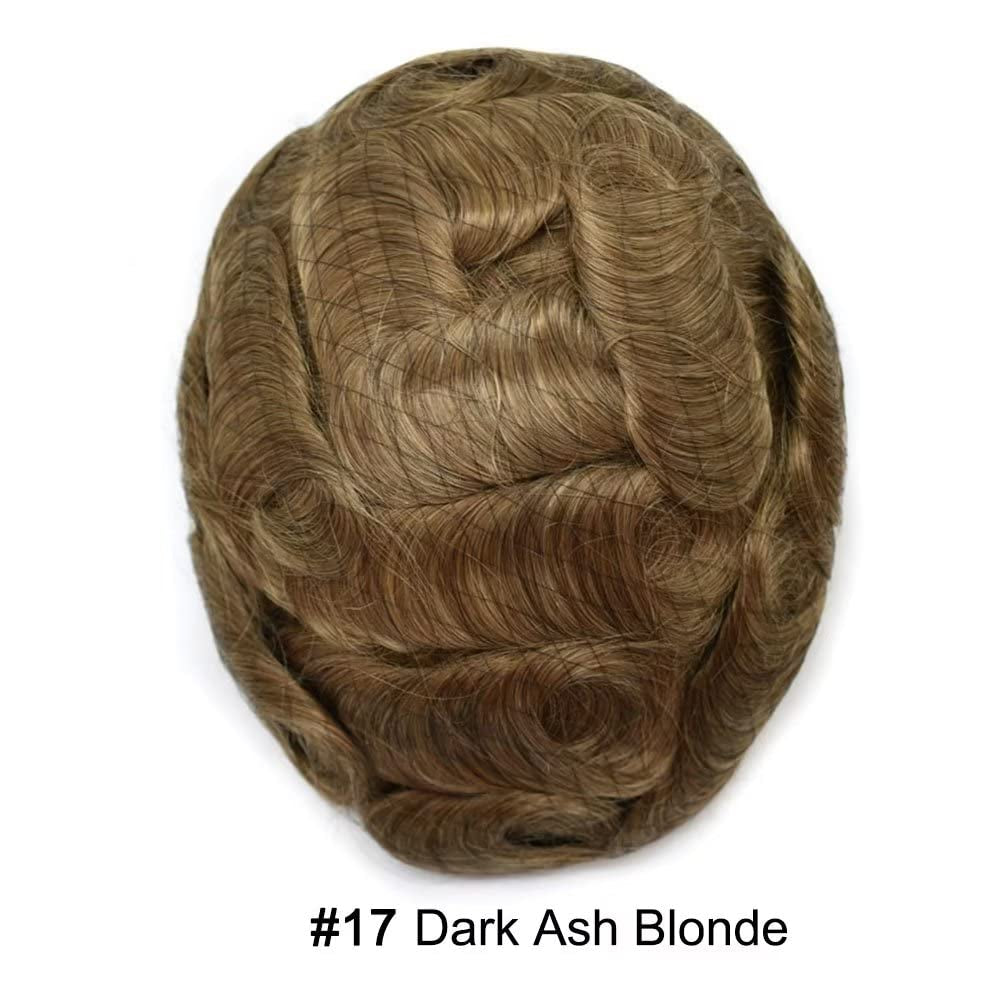 Mens Toupee Human Hair Piece French Lace+Pu Toupee for Men Hair System V-Looped PU Front Men Hair Replacement System Human Hair Unit for Men 8X10"-100% Density#17 Dark Ash Blonde