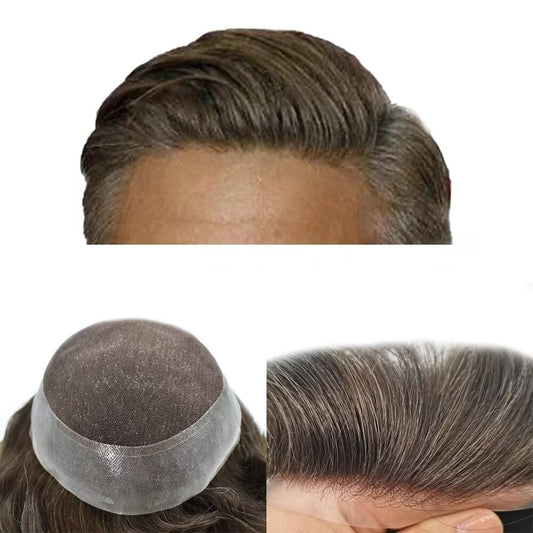 Mens Toupee Human Hair Piece French Lace+Pu Toupee for Men Hair System V-Looped PU Front Men Hair Replacement System Human Hair Unit for Men 6X9"-100% Density#3 Dark Brown