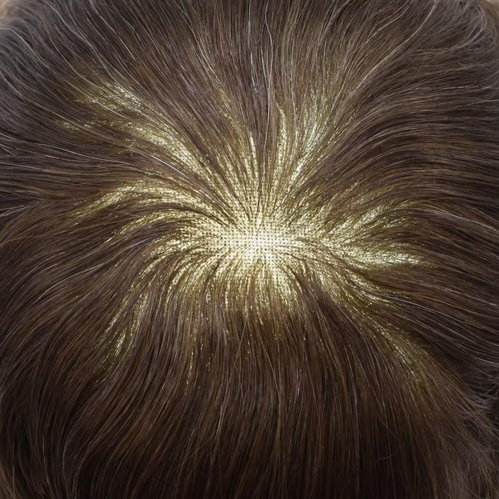 Mens Toupee Human Hair Piece French Lace+Pu Toupee for Men Hair System V-Looped PU Front Men Hair Replacement System Human Hair Unit for Men 6X9"-100% Density#3 Dark Brown
