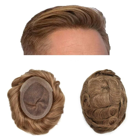 Mens Toupee Human Hair Piece French Lace+Pu Toupee for Men Hair System V-Looped PU Front Men Hair Replacement System Human Hair Unit for Men 8X10"-100% Density#17 Dark Ash Blonde