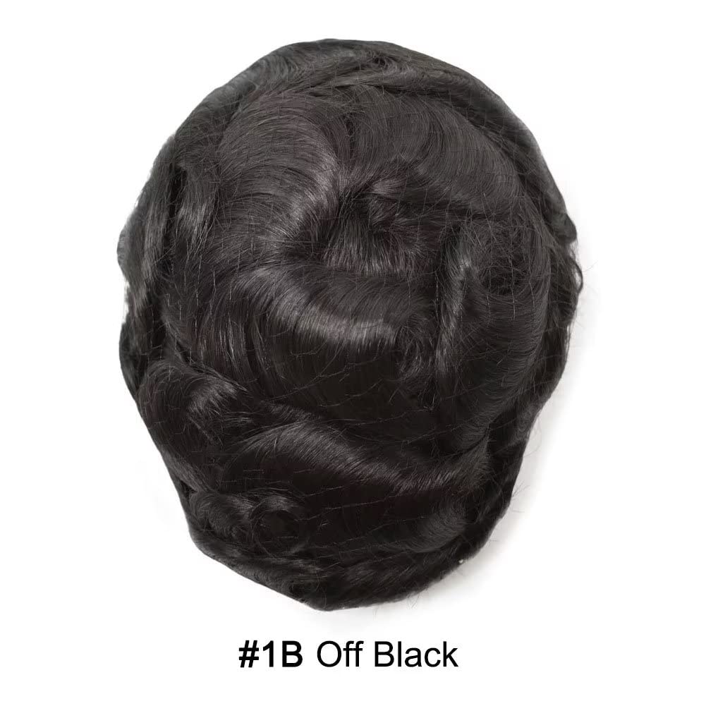 Mens Toupee Human Hair Piece French Lace+Pu Toupee for Men Hair System V-Looped PU Front Men Hair Replacement System Human Hair Unit for Men 7X9"-100% Density#1B off Black