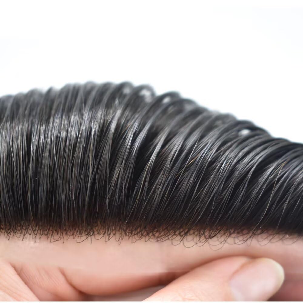 Mens Toupee Human Hair Piece French Lace+Pu Toupee for Men Hair System V-Looped PU Front Men Hair Replacement System Human Hair Unit for Men 7X9"-100% Density#1B off Black