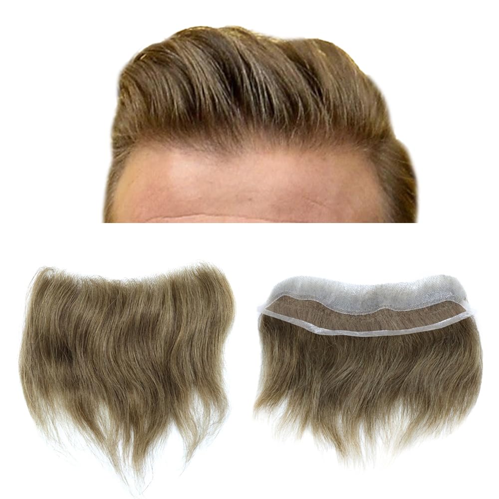French Lace Front Mens Frontal Hairpiece for Receding Natural Hairline V-Shape Lace Poly PU Forehead Human Hair Replacement System Toupee for Men (4Cmx18Cm, #1 Jet Black)