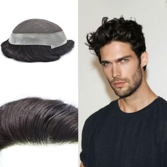 Mens Toupee Human Hair Piece French Lace+Pu Toupee for Men Hair System V-Looped PU Front Men Hair Replacement System Human Hair Unit for Men 7X9"-100% Density#1B off Black