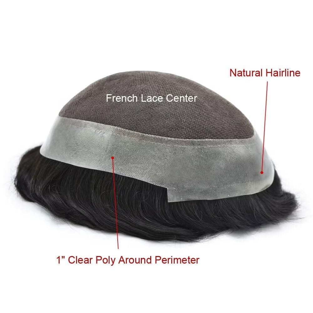 Mens Toupee Human Hair Piece French Lace+Pu Toupee for Men Hair System V-Looped PU Front Men Hair Replacement System Human Hair Unit for Men 7X9"-100% Density#1B off Black