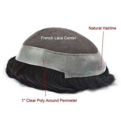 Mens Toupee Human Hair Piece French Lace+Pu Toupee for Men Hair System V-Looped PU Front Men Hair Replacement System Human Hair Unit for Men 7X9"-100% Density#1B off Black