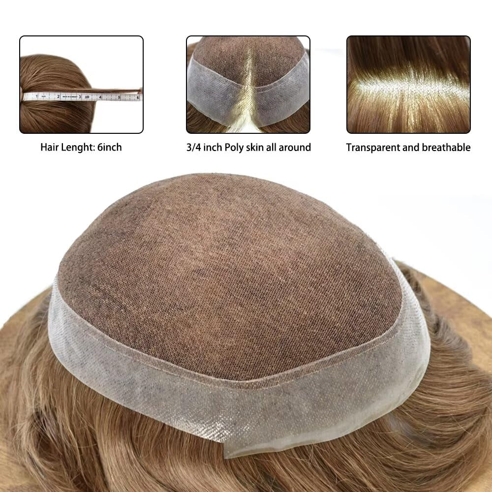 Mens Toupee Human Hair Piece French Lace+Pu Toupee for Men Hair System V-Looped PU Front Men Hair Replacement System Human Hair Unit for Men 8X10"-100% Density#17 Dark Ash Blonde