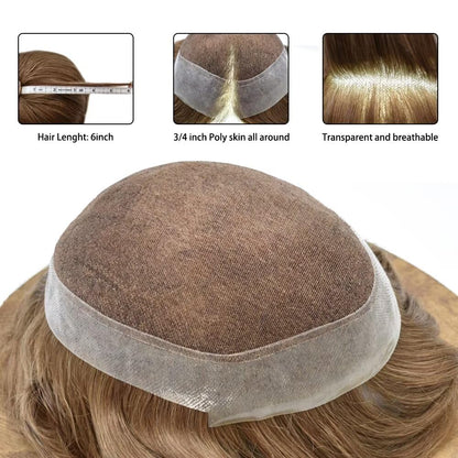Mens Toupee Human Hair Piece French Lace+Pu Toupee for Men Hair System V-Looped PU Front Men Hair Replacement System Human Hair Unit for Men 8X10"-100% Density#17 Dark Ash Blonde