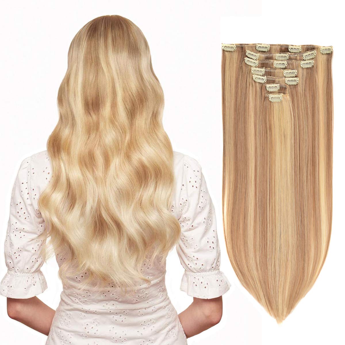 Clip in Hair Extensions Real Human Hair 120G 7Pcs Human Hair Clip in Extensions 18 Inch Chocolate Brown Mixed Caramel Blonde #4/27/4 Thickened Straight Real Hair Extensions Clip in Human Hair