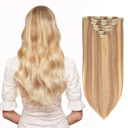Clip in Hair Extensions Real Human Hair 120G 7Pcs Human Hair Clip in Extensions 18 Inch Chocolate Brown Mixed Caramel Blonde #4/27/4 Thickened Straight Real Hair Extensions Clip in Human Hair