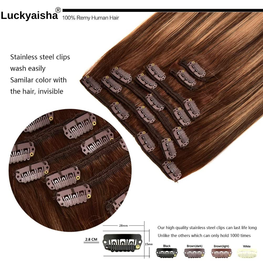 Clip in Hair Extensions Real Human Hair 120G 7Pcs Human Hair Clip in Extensions 18 Inch Chocolate Brown Mixed Caramel Blonde #4/27/4 Thickened Straight Real Hair Extensions Clip in Human Hair