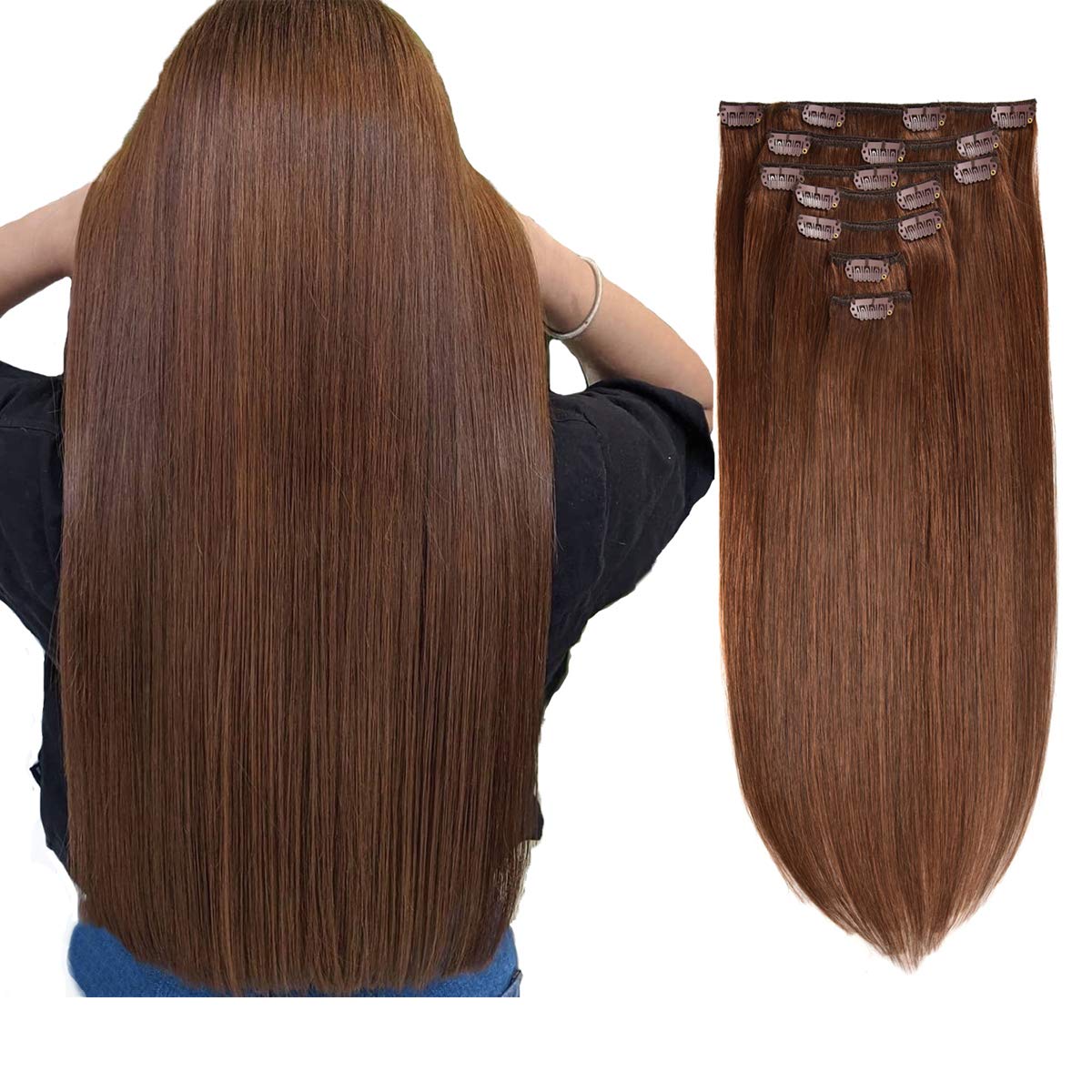 Clip in Hair Extensions Real Human Hair 120G 7Pcs Human Hair Clip in Extensions 18 Inch Chocolate Brown Mixed Caramel Blonde #4/27/4 Thickened Straight Real Hair Extensions Clip in Human Hair
