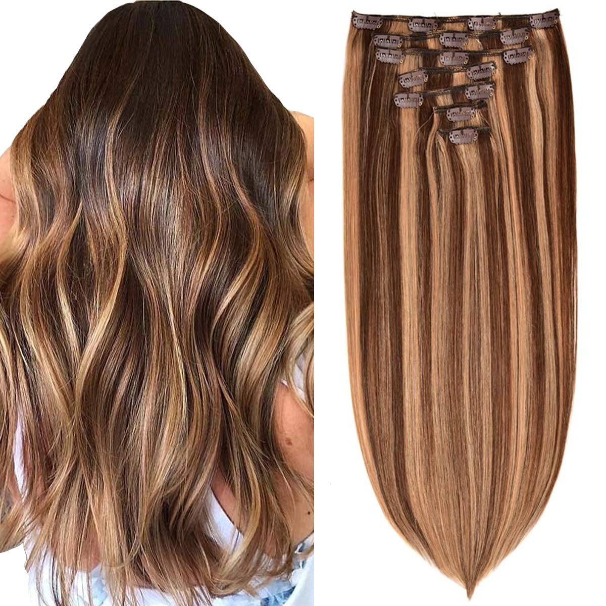 Clip in Hair Extensions Real Human Hair 120G 7Pcs Human Hair Clip in Extensions 18 Inch Chocolate Brown Mixed Caramel Blonde #4/27/4 Thickened Straight Real Hair Extensions Clip in Human Hair
