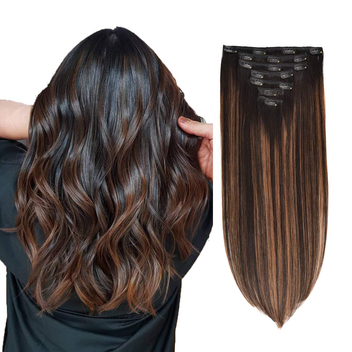 Clip in Hair Extensions Real Human Hair 120G 7Pcs Human Hair Clip in Extensions 18 Inch Chocolate Brown Mixed Caramel Blonde #4/27/4 Thickened Straight Real Hair Extensions Clip in Human Hair