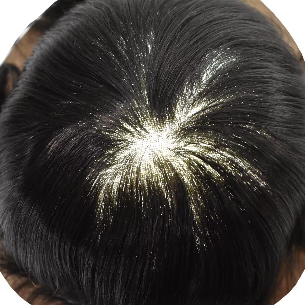 Mens Toupee Human Hair Piece French Lace+Pu Toupee for Men Hair System V-Looped PU Front Men Hair Replacement System Human Hair Unit for Men 7X9"-100% Density#1B off Black