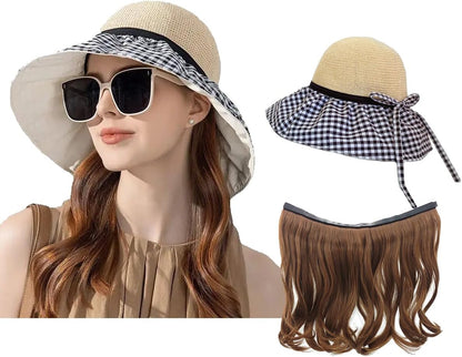 Hat Wig,Hat with brown red Hair Attached for Women, Bucket with Wig Long Wavy Hair Extensions,Spring Summer