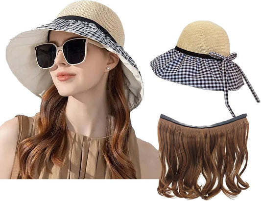Hat Wig,Hat with brown red Hair Attached for Women, Bucket with Wig Long Wavy Hair Extensions,Spring Summer