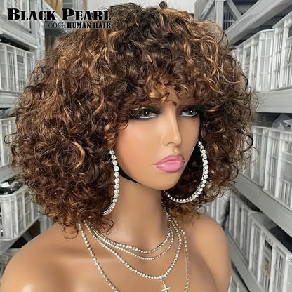 Glueless Human Hair Wigs with Bangs Highlight Honey Brown Curly Short Bob Wig with Bangs Jerry Curly Bob Wigs for Women