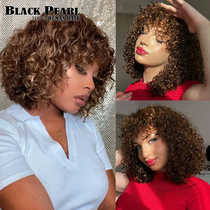 Glueless Human Hair Wigs with Bangs Highlight Honey Brown Curly Short Bob Wig with Bangs Jerry Curly Bob Wigs for Women