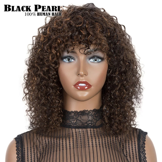 Glueless Human Hair Wigs with Bangs Highlight Honey Brown Curly Short Bob Wig with Bangs Jerry Curly Bob Wigs for Women