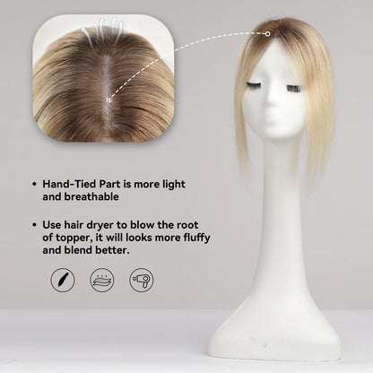 Small Topper- 3.5 x 4.0” 100% Remy Human Hair Toppers Ombre Blonde Hairs Topper Silk Base Clip Pieces in Hair Extension for Women with Thin Hair 10” and 12”