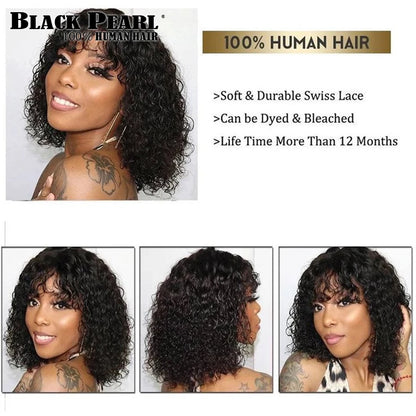 Glueless Human Hair Wigs with Bangs Highlight Honey Brown Curly Short Bob Wig with Bangs Jerry Curly Bob Wigs for Women