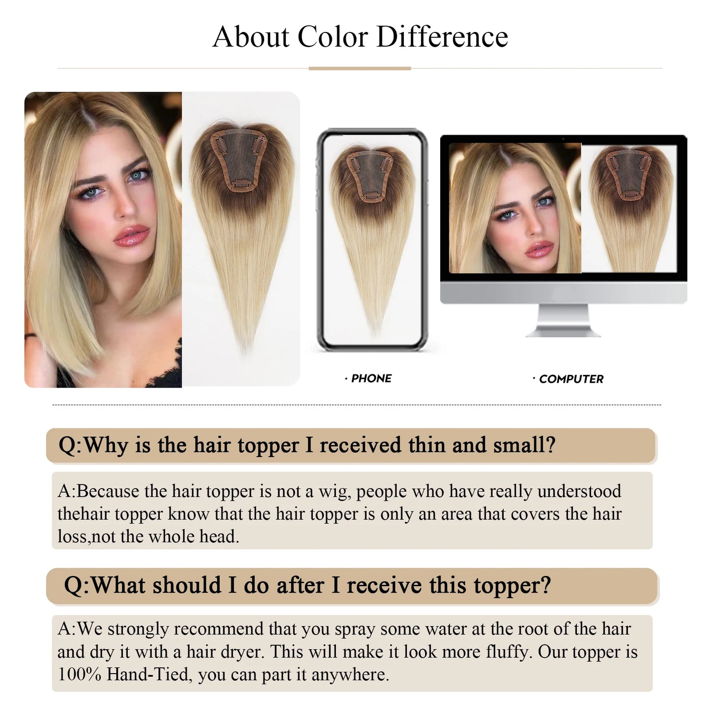 Small Topper- 3.5 x 4.0” 100% Remy Human Hair Toppers Ombre Blonde Hairs Topper Silk Base Clip Pieces in Hair Extension for Women with Thin Hair 10” and 12”
