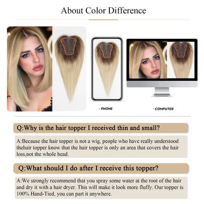 Small Topper- 3.5 x 4.0” 100% Remy Human Hair Toppers Ombre Blonde Hairs Topper Silk Base Clip Pieces in Hair Extension for Women with Thin Hair 10” and 12”