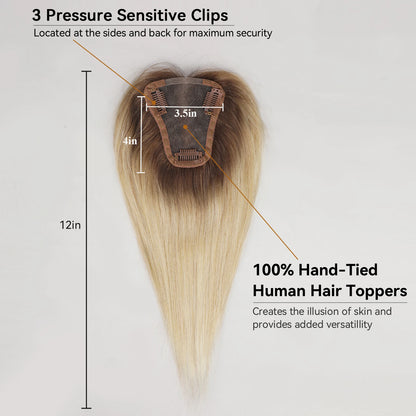 Small Topper- 3.5 x 4.0” 100% Remy Human Hair Toppers Ombre Blonde Hairs Topper Silk Base Clip Pieces in Hair Extension for Women with Thin Hair 10” and 12”