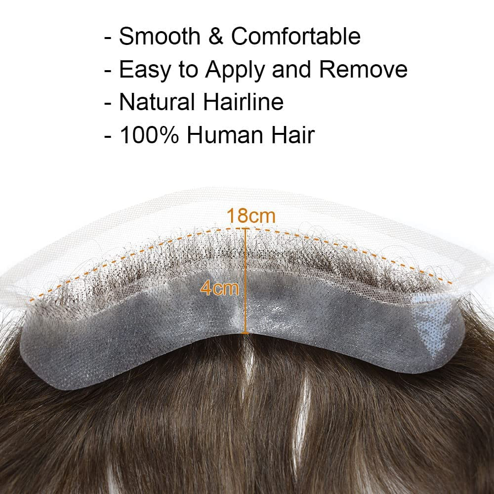 French Lace Front Mens Frontal Hairpiece for Receding Natural Hairline V-Shape Lace Poly PU Forehead Human Hair Replacement System Toupee for Men (4Cmx18Cm, #1 Jet Black)