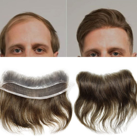 French Lace Front Mens Frontal Hairpiece for Receding Natural Hairline V-Shape Lace Poly PU Forehead Human Hair Replacement System Toupee for Men (4Cmx18Cm, #1 Jet Black)