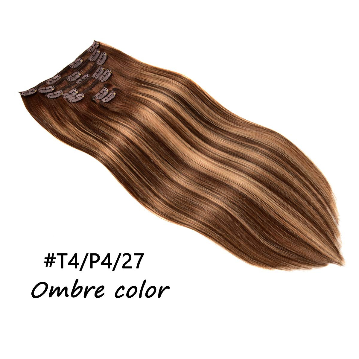 Clip in Hair Extensions Real Human Hair 120G 7Pcs Human Hair Clip in Extensions 18 Inch Chocolate Brown Mixed Caramel Blonde #4/27/4 Thickened Straight Real Hair Extensions Clip in Human Hair