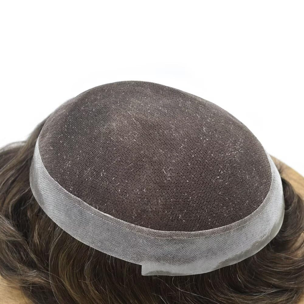 Mens Toupee Human Hair Piece French Lace+Pu Toupee for Men Hair System V-Looped PU Front Men Hair Replacement System Human Hair Unit for Men 6X9"-100% Density#3 Dark Brown