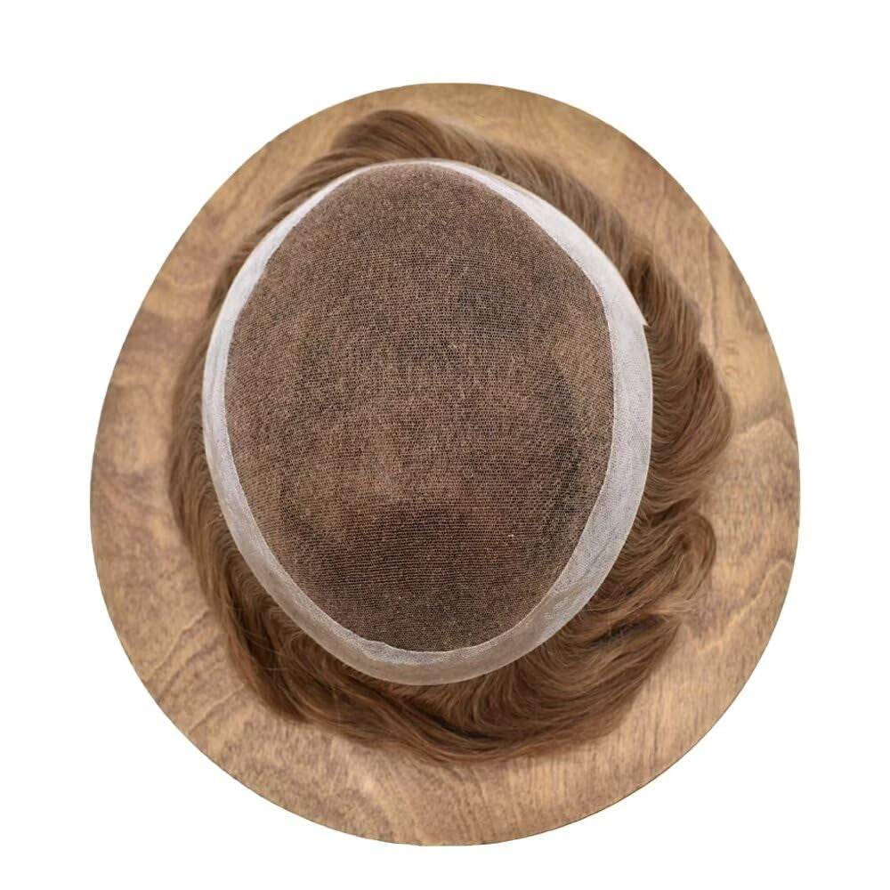 Mens Toupee Human Hair Piece French Lace+Pu Toupee for Men Hair System V-Looped PU Front Men Hair Replacement System Human Hair Unit for Men 8X10"-100% Density#17 Dark Ash Blonde
