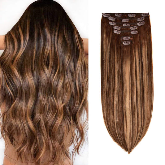 Clip in Hair Extensions Real Human Hair 120G 7Pcs Human Hair Clip in Extensions 18 Inch Chocolate Brown Mixed Caramel Blonde #4/27/4 Thickened Straight Real Hair Extensions Clip in Human Hair