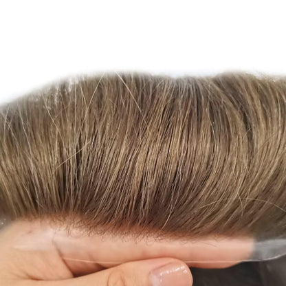 Mens Toupee Human Hair Piece French Lace+Pu Toupee for Men Hair System V-Looped PU Front Men Hair Replacement System Human Hair Unit for Men 8X10"-100% Density#17 Dark Ash Blonde