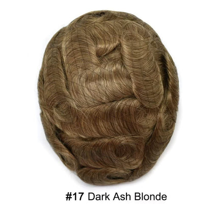 Mens Toupee Human Hair Piece French Lace+Pu Toupee for Men Hair System V-Looped PU Front Men Hair Replacement System Human Hair Unit for Men 8X10"-100% Density#17 Dark Ash Blonde